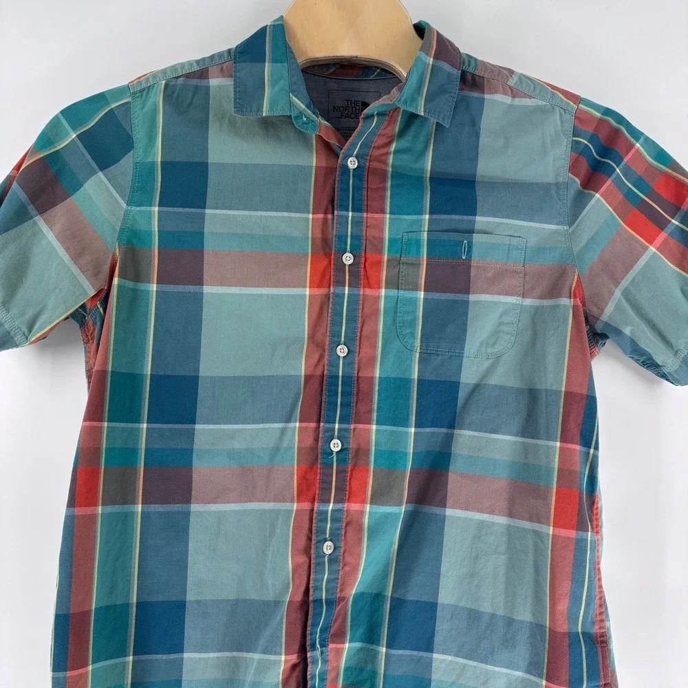 The North Face Button Up Shirt Mens Large Teal Plaid Short Sleeve Outdoor Hiking